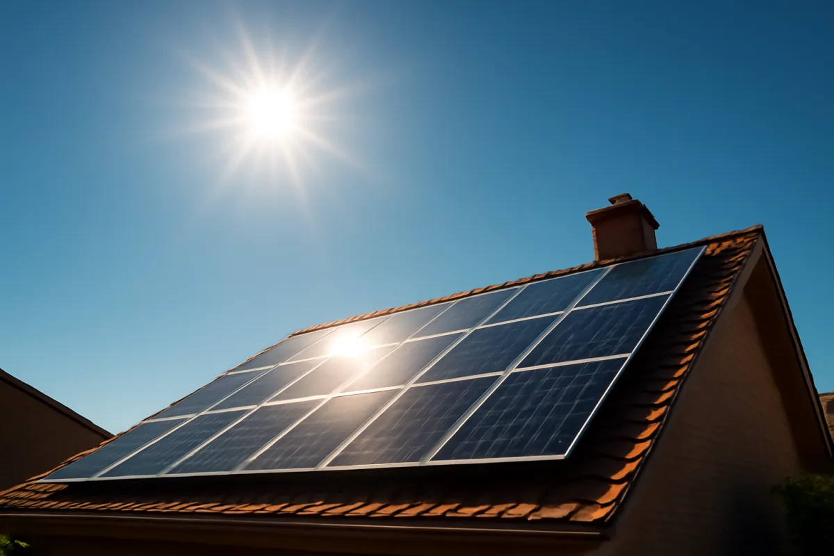 A bright sun in a clear blue sky above a tiled roof carrying a row of dark framed solar panels, with a brick chimney at the ridge