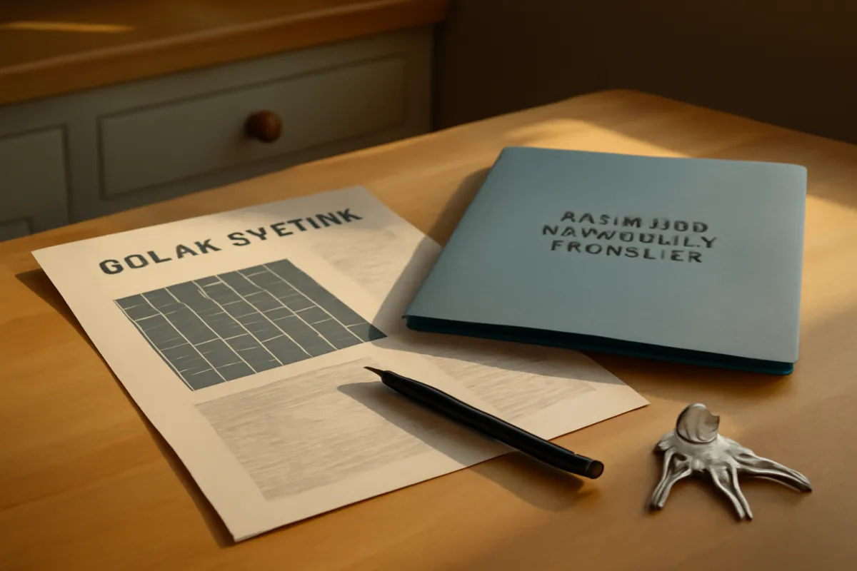A printed sheet showing a grid of solar cells beside a closed pale blue folder, a black pen and a set of keys on a light wooden table in warm side light, with the printed lettering too indistinct to read