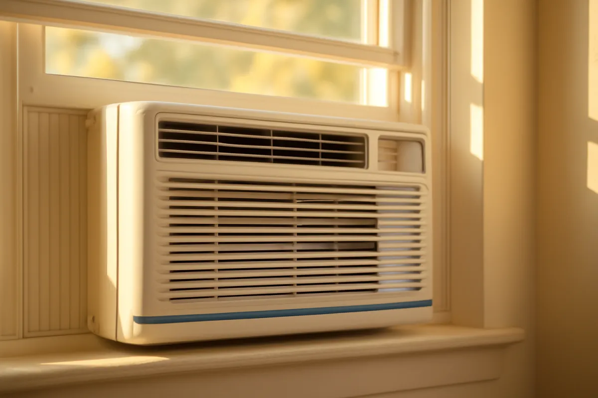 A white window air conditioner unit installed in a home window in warm sunlight