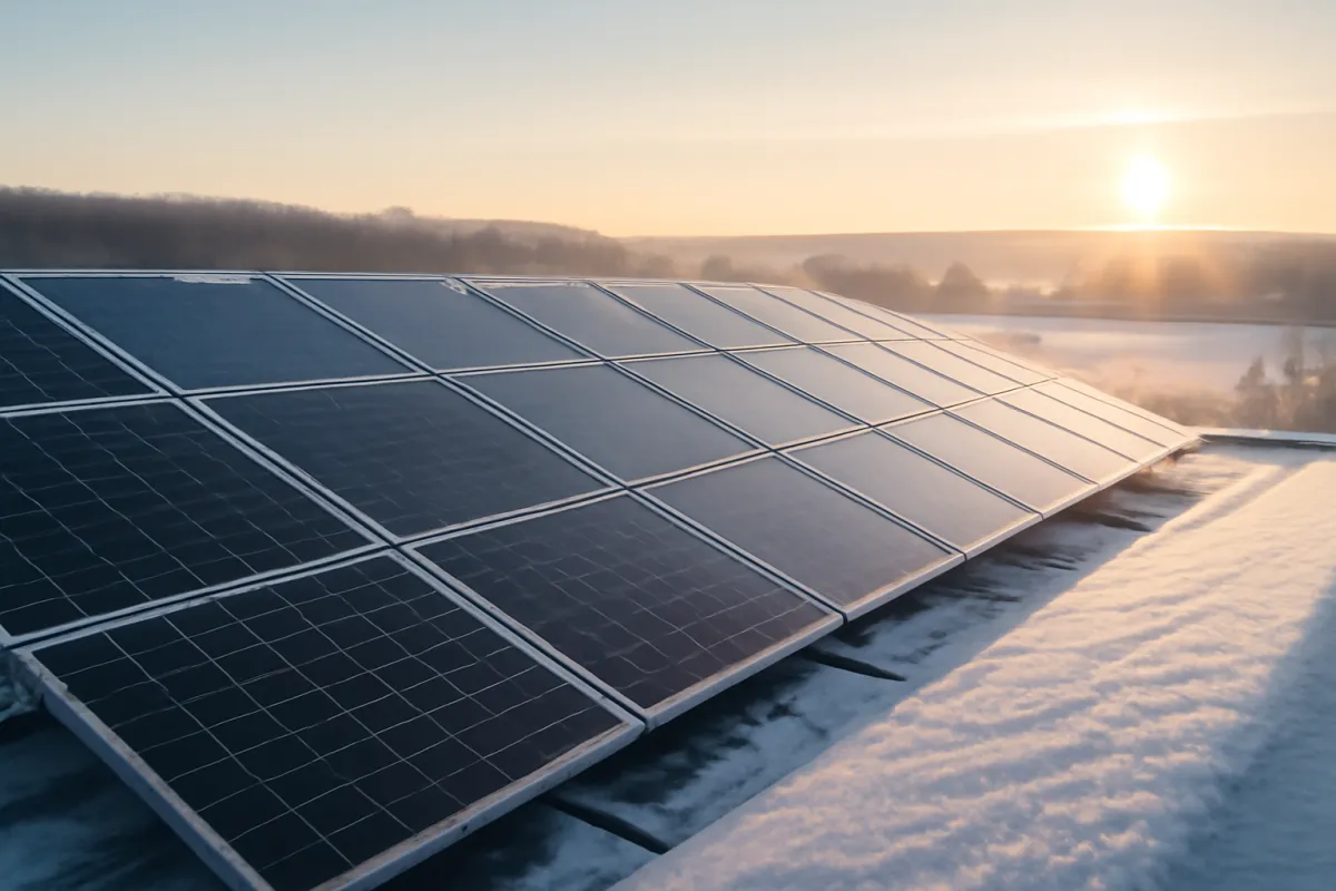 A solar array in cold clear winter with a low sun near the horizon and a snowy landscape behind