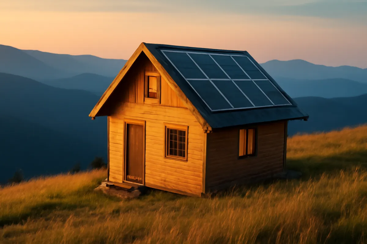 A remote hillside cabin with rooftop solar panels and no utility power lines at golden hour