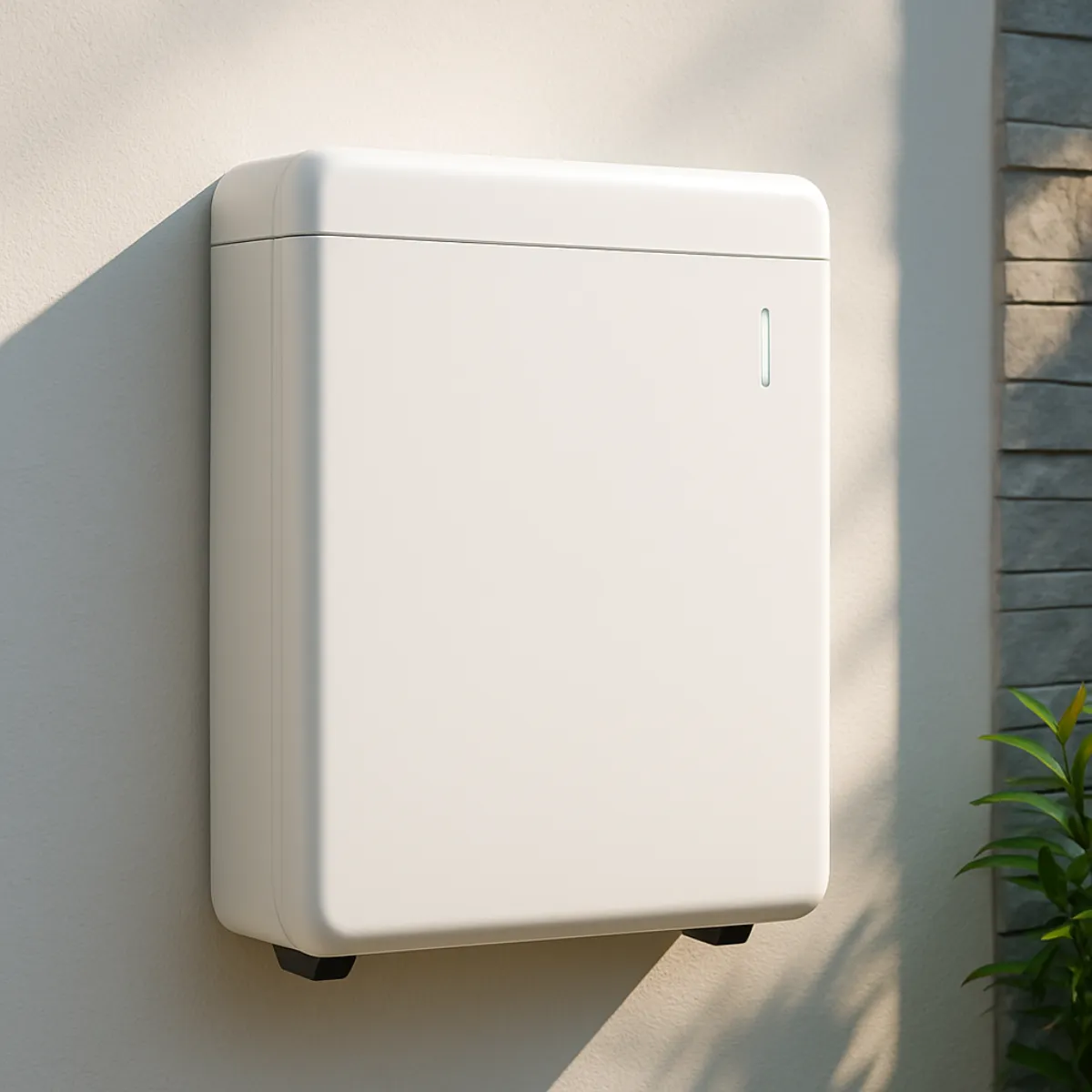 A white wall mounted home battery unit installed on an exterior stucco wall beside a stone accent wall and a small green plant