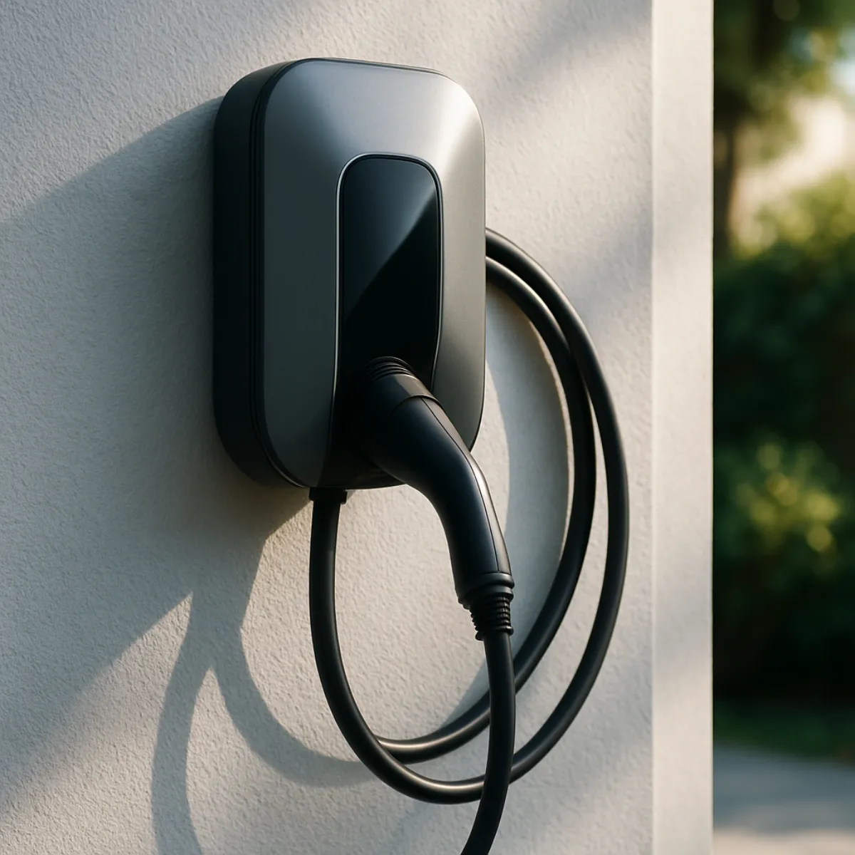 A grey and black wall-mounted home EV charger with a coiled black charging cable, mounted on a light grey wall with greenery blurred in the background