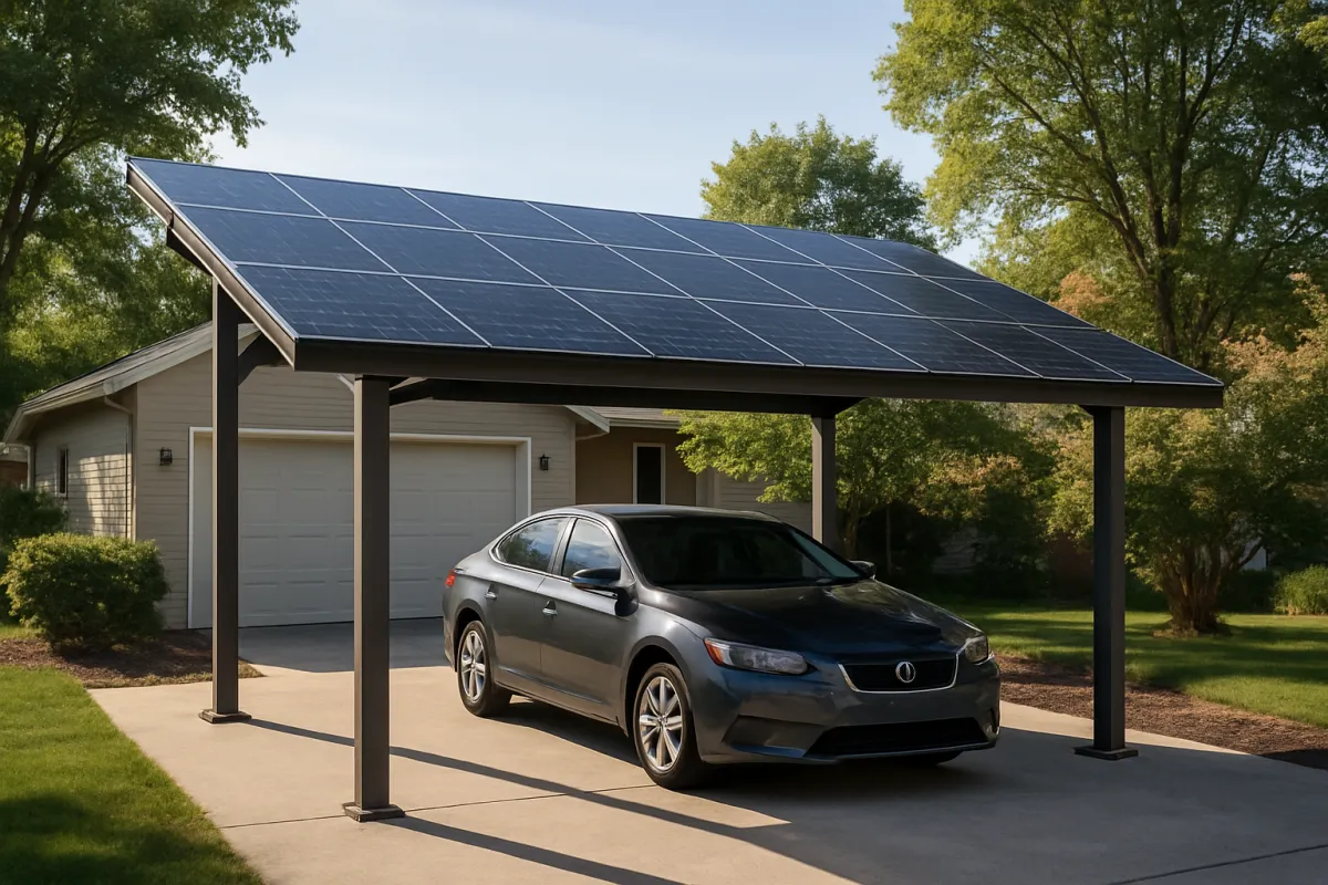A freestanding carport in a driveway with dark solar panels covering its sloped canopy on dark steel posts, a grey sedan parked underneath and a house behind