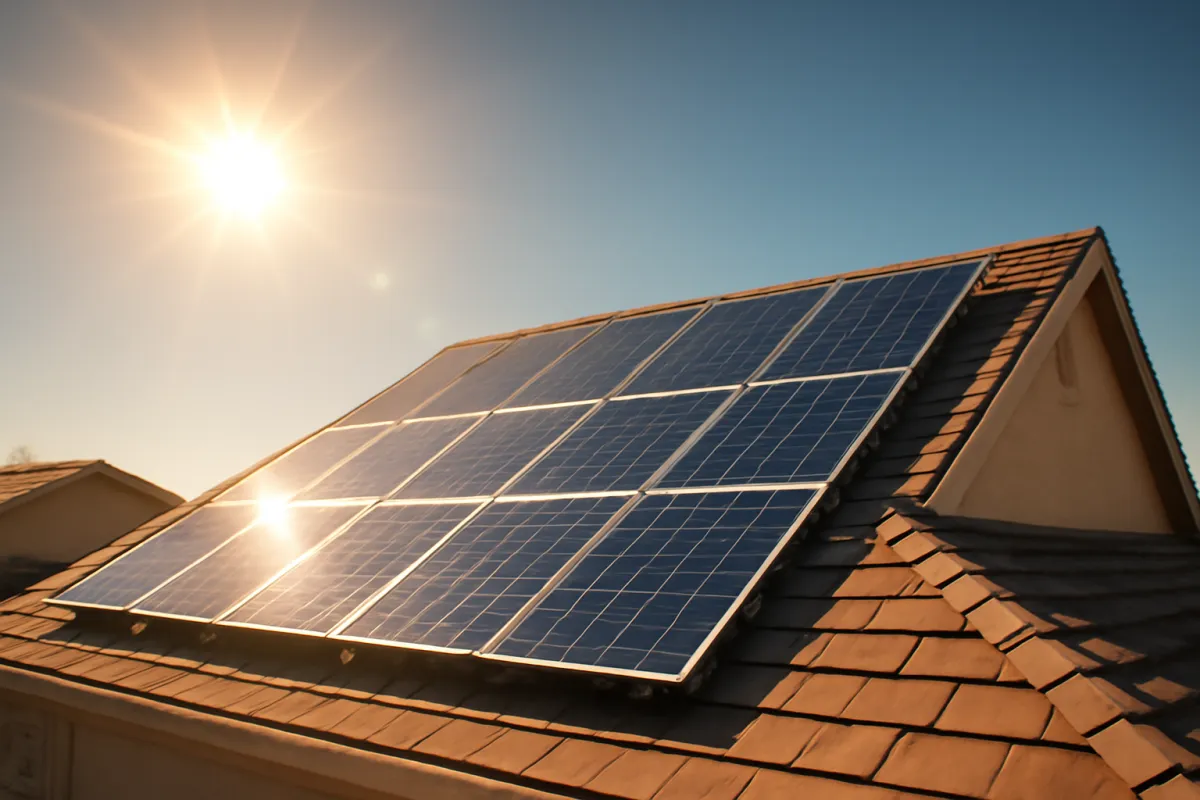 Rooftop residential solar panels gleaming under a bright sun on a clear day