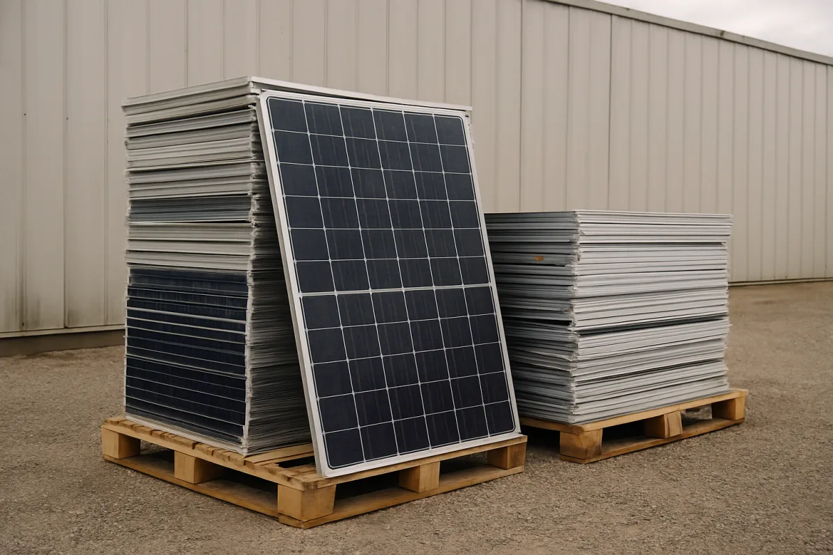 Two stacks of solar panels resting on wooden pallets in a gravel yard, one panel standing upright against the nearer stack, with a corrugated metal wall behind under flat daylight
