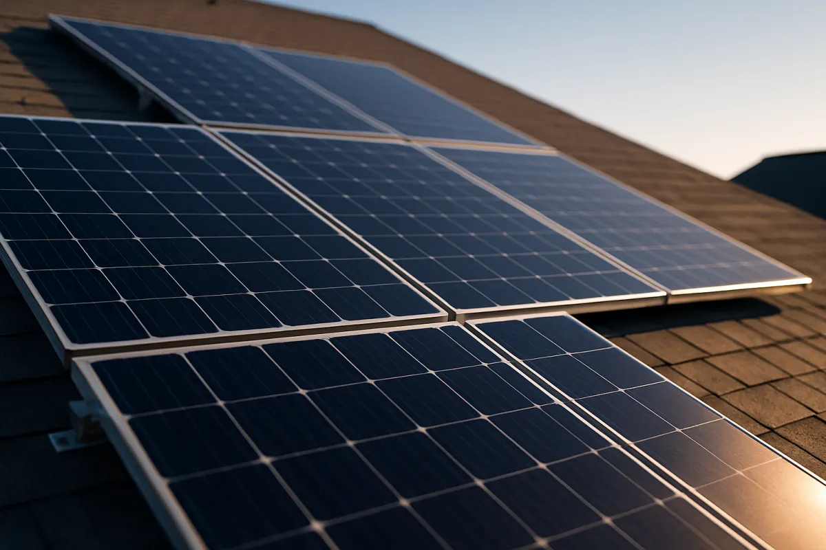 Rows of dark solar panels in aluminum frames mounted on a shingled roof, lit by low warm sunlight under a clear sky