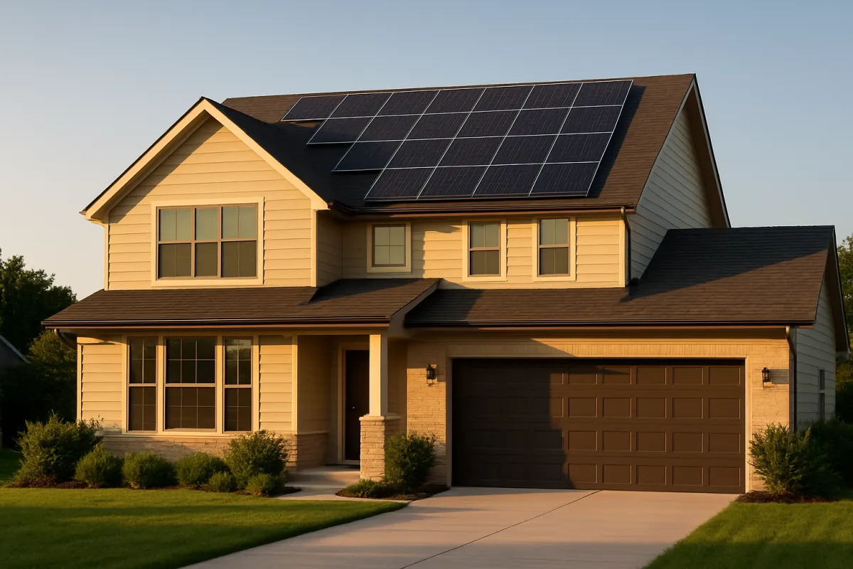 A two-story suburban house with cream siding and a dark shingled roof carrying a single array of solar panels, photographed in low warm light