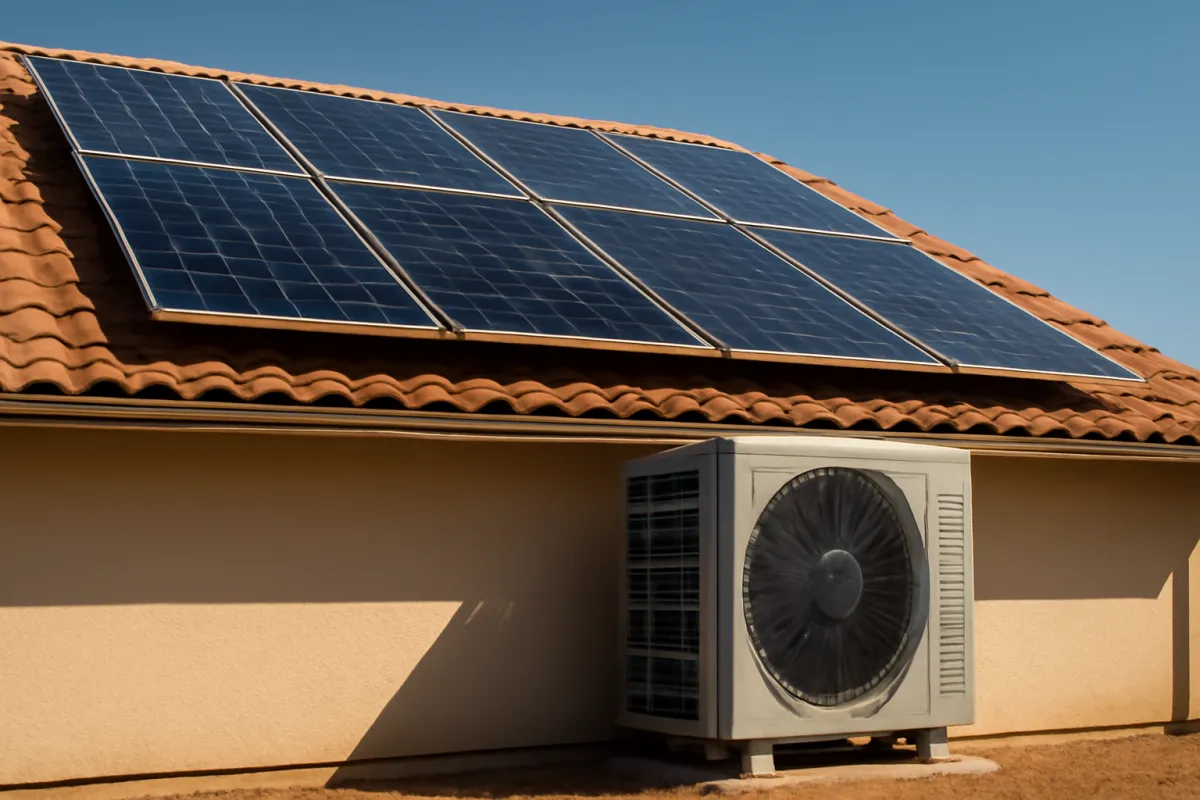 Rooftop solar panels in direct sun beside a home air conditioner condenser unit with warm gold and cool blue tint