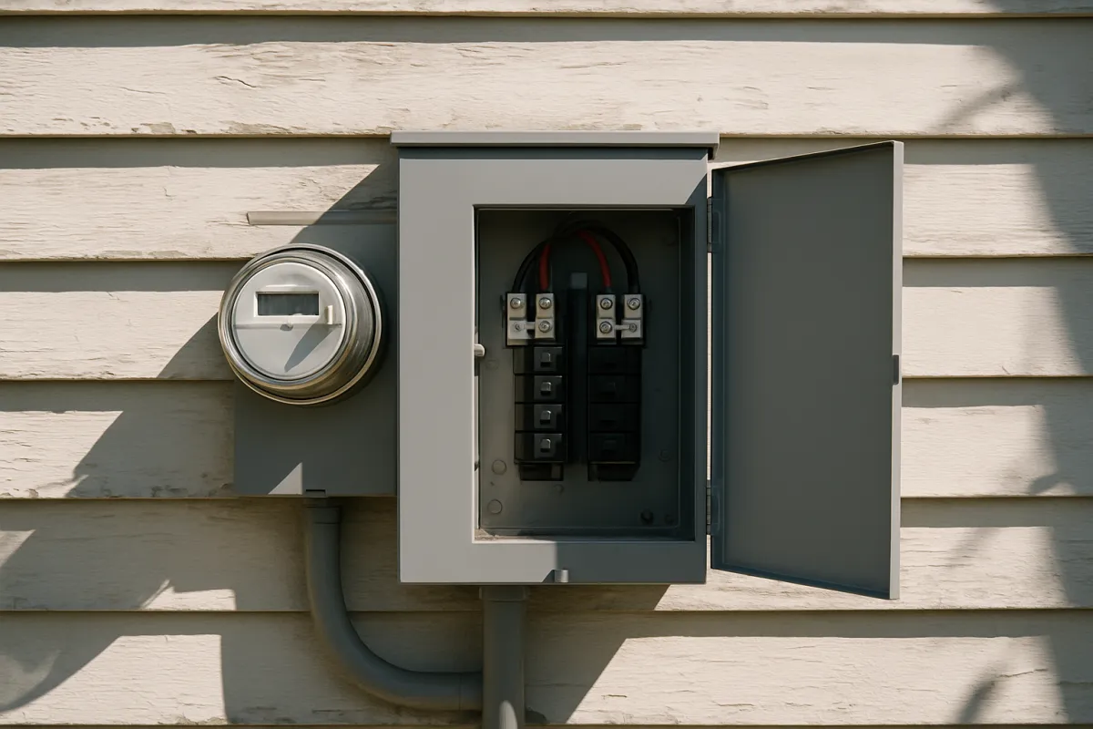 A grey electrical service panel with its door swung open beside a round glass utility meter on the pale siding of a house, in bright daylight