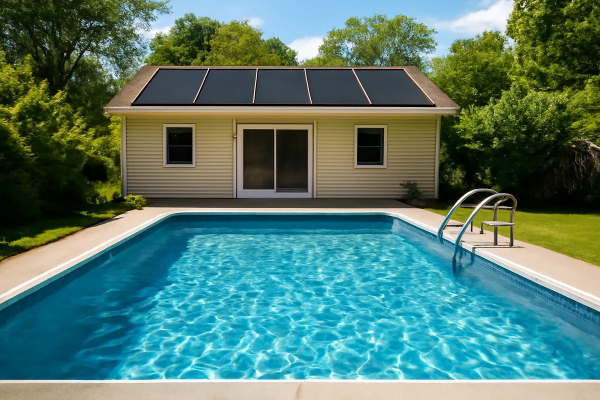 A single-story house with a row of dark solar pool heating collector panels mounted on the roof, overlooking a rectangular backyard swimming pool surrounded by trees