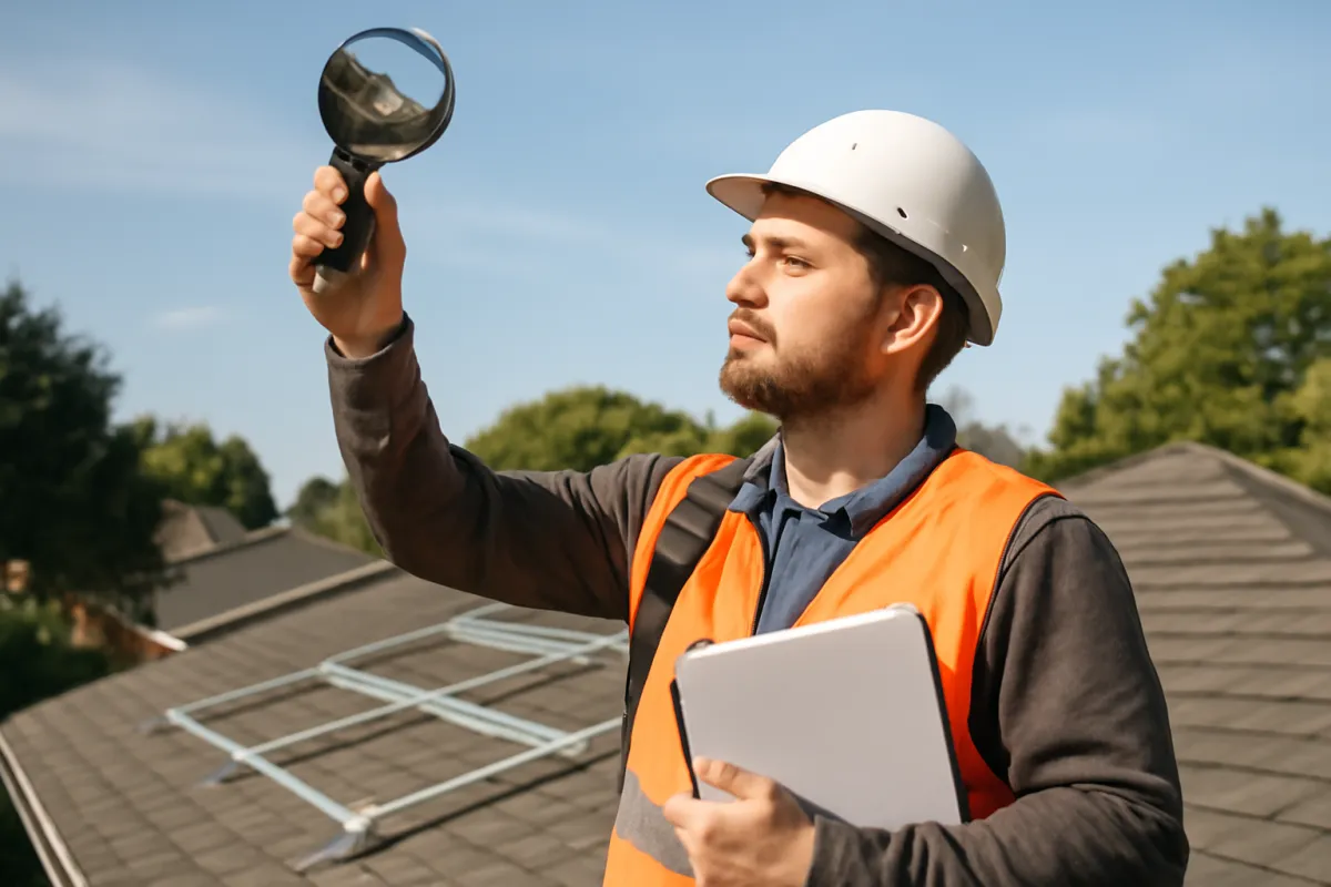 A solar installer in a hard hat and safety vest on a rooftop holding up a handheld sun-angle pathfinder tool, with unfinished panel racking and a clipboard visible