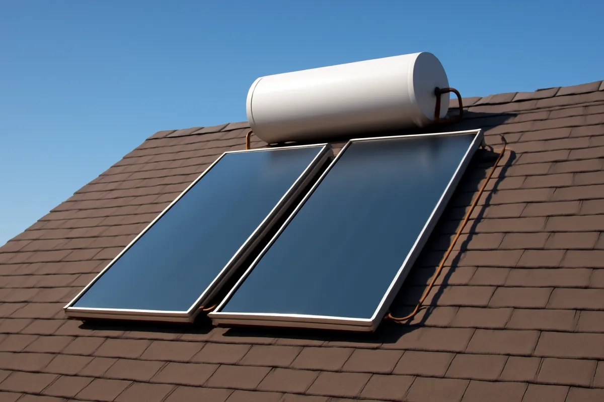 Two flat-plate solar water heater collector panels mounted on a rooftop with a white cylindrical hot water storage tank positioned above them against a clear blue sky