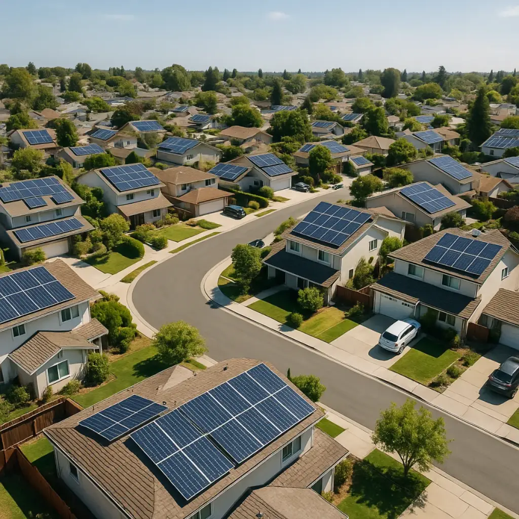 Aerial view of a suburban neighborhood with rooftop solar panels