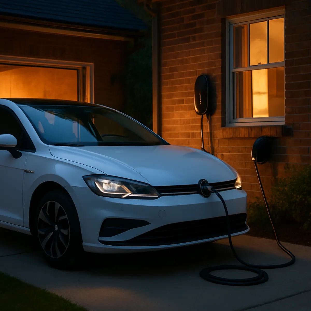 A white car parked on a driveway at dusk beside a brick house, plugged in with a charging cable running from a wall-mounted unit, with warm light in the windows