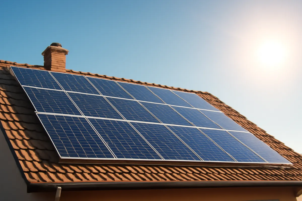 A residential rooftop covered in clean modern solar panels under a bright clear blue sky