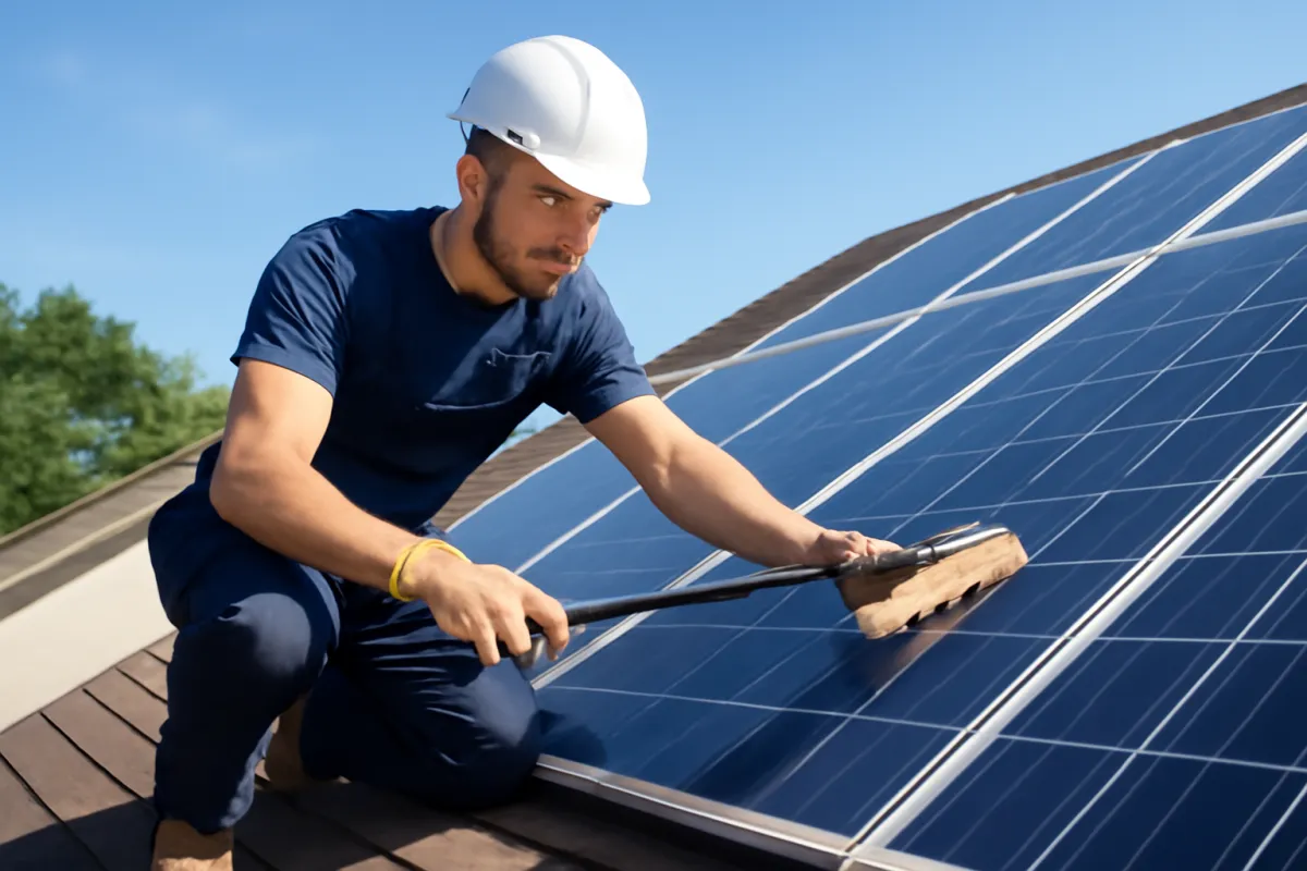 A technician on a residential rooftop carefully inspecting and gently cleaning a row of solar panels with a soft brush under a bright clear sky