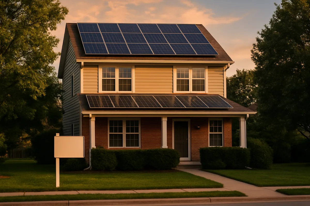 A two story house with brick and yellow siding, solar arrays on the upper roof and the porch roof, and a blank white sign on a post in the front lawn at sunset
