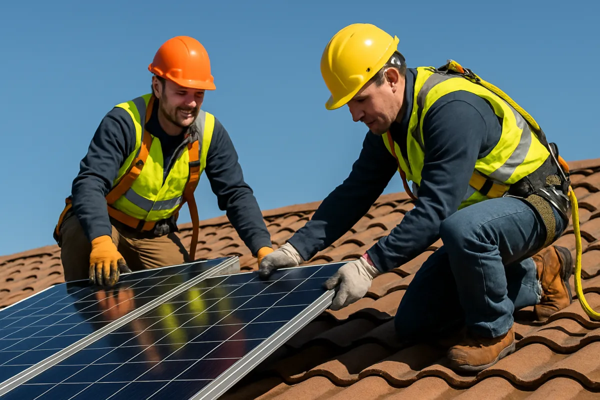 Installers mounting solar panels on a residential roof