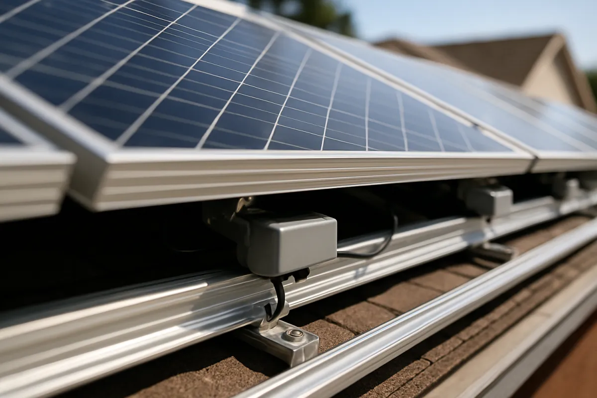 Underside of a rooftop solar array showing aluminum racking rails and small grey electronics enclosures mounted beneath the panel frames