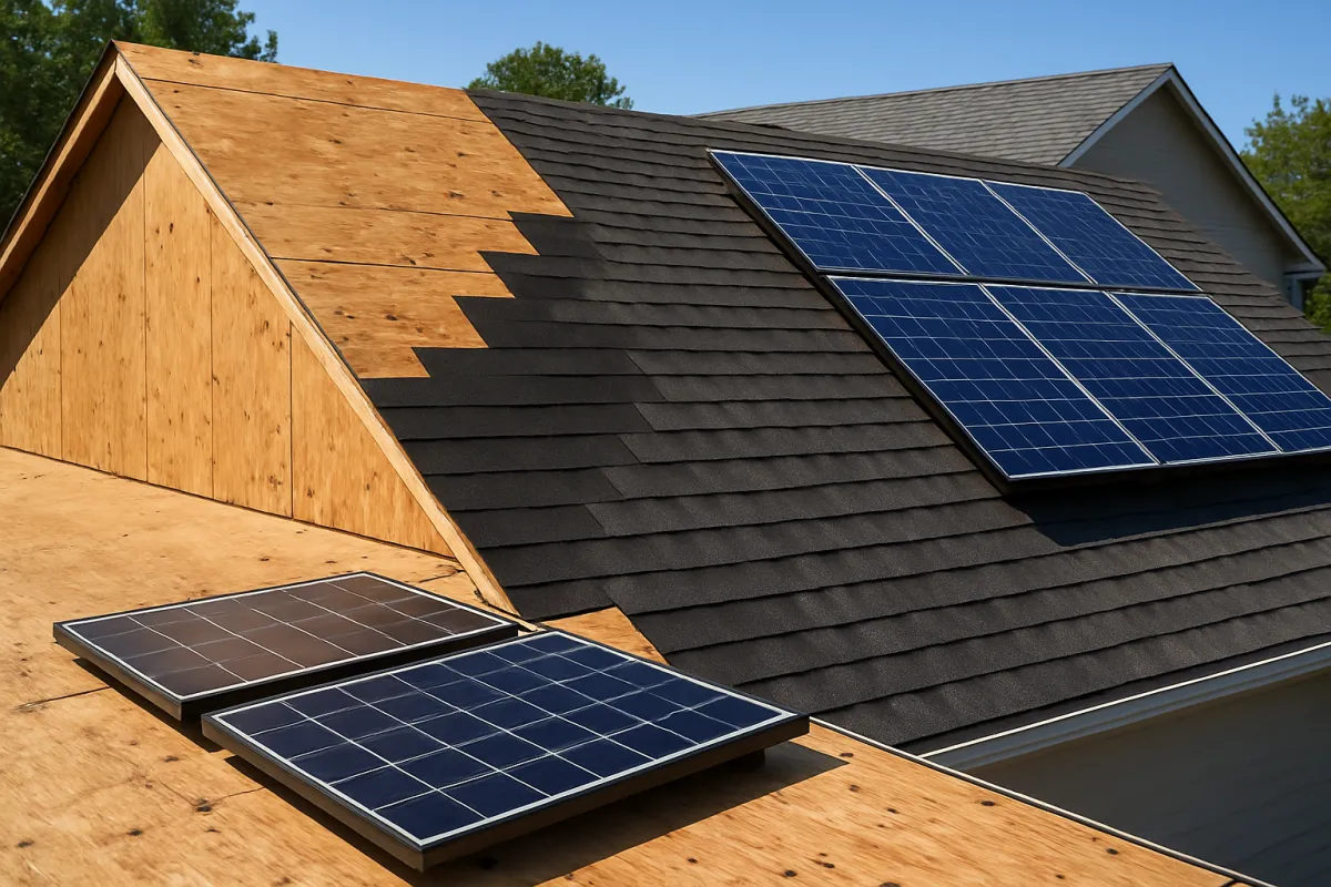 A pitched house roof with one plane stripped to bare plywood and dark shingles partly laid, two solar panels resting flat on the deck and an array mounted on the finished section