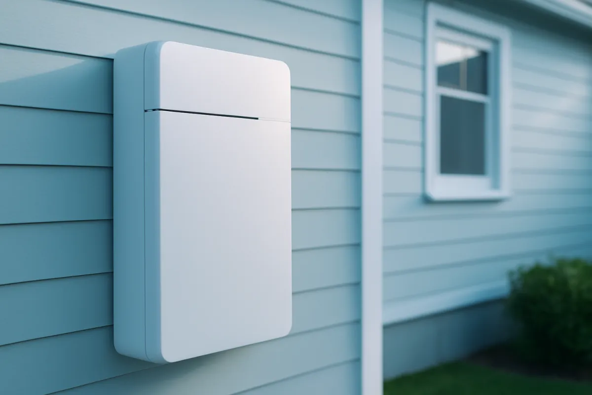 A sleek white home battery unit mounted on a residential house exterior wall under cool blue daylight