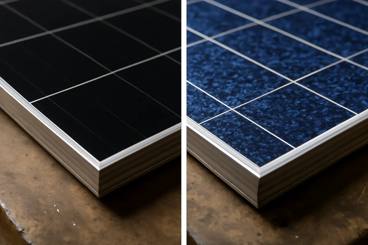 Side-by-side close-up comparison of two solar panel corners, one with a uniform deep black surface and the other with a speckled blue crystalline texture